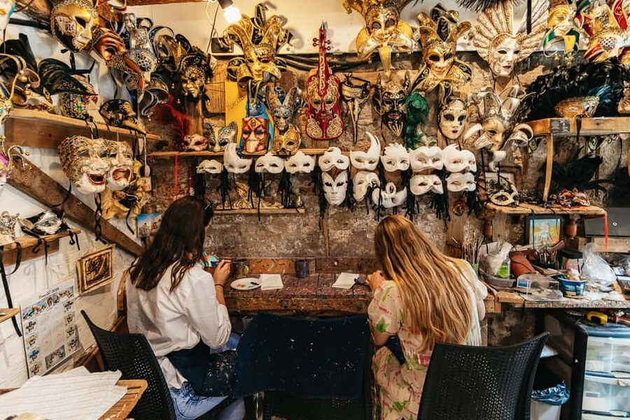 Venice: Carnival Mask Workshop - Entering the workshop near San Marco, and picking the right mask shape
